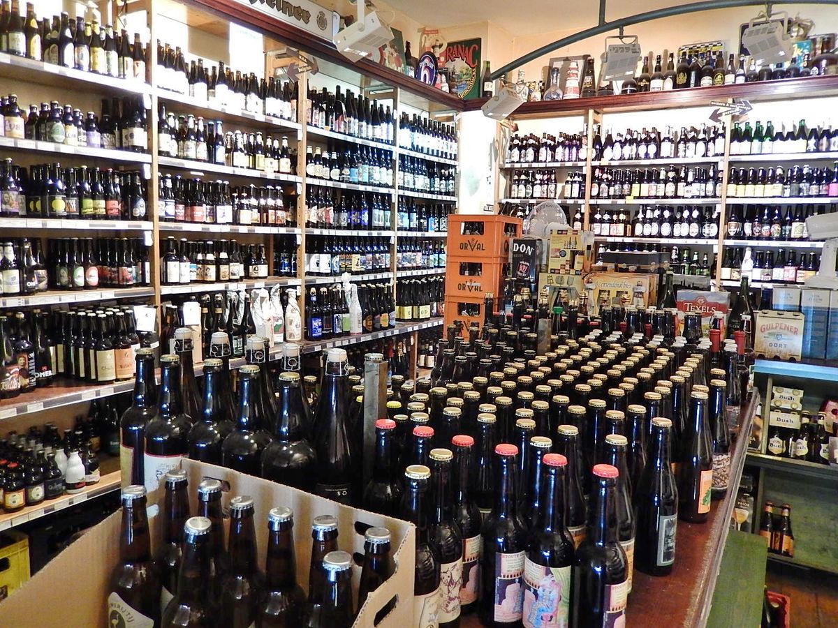 stacked shelves at a liquor store