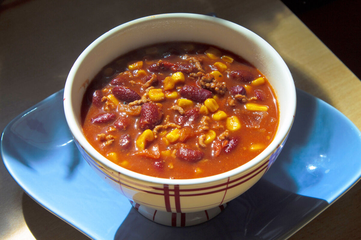 comfort foods bowl of chili in sunlight