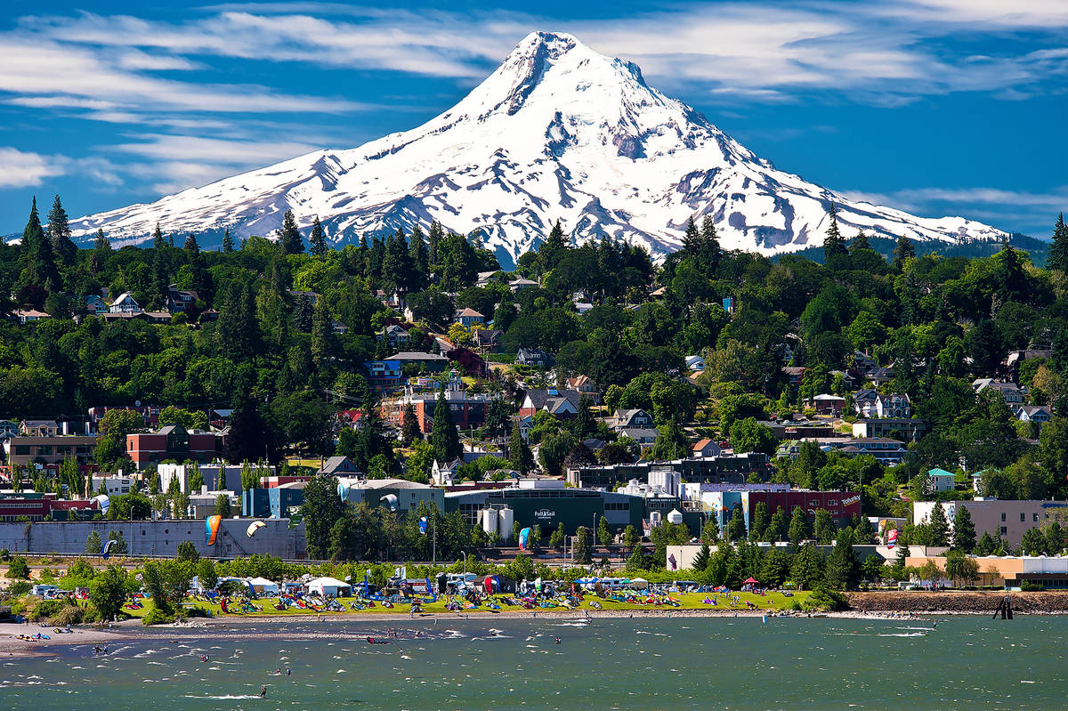 full sail brewing below the imposing Mt. Hood on the Hood River