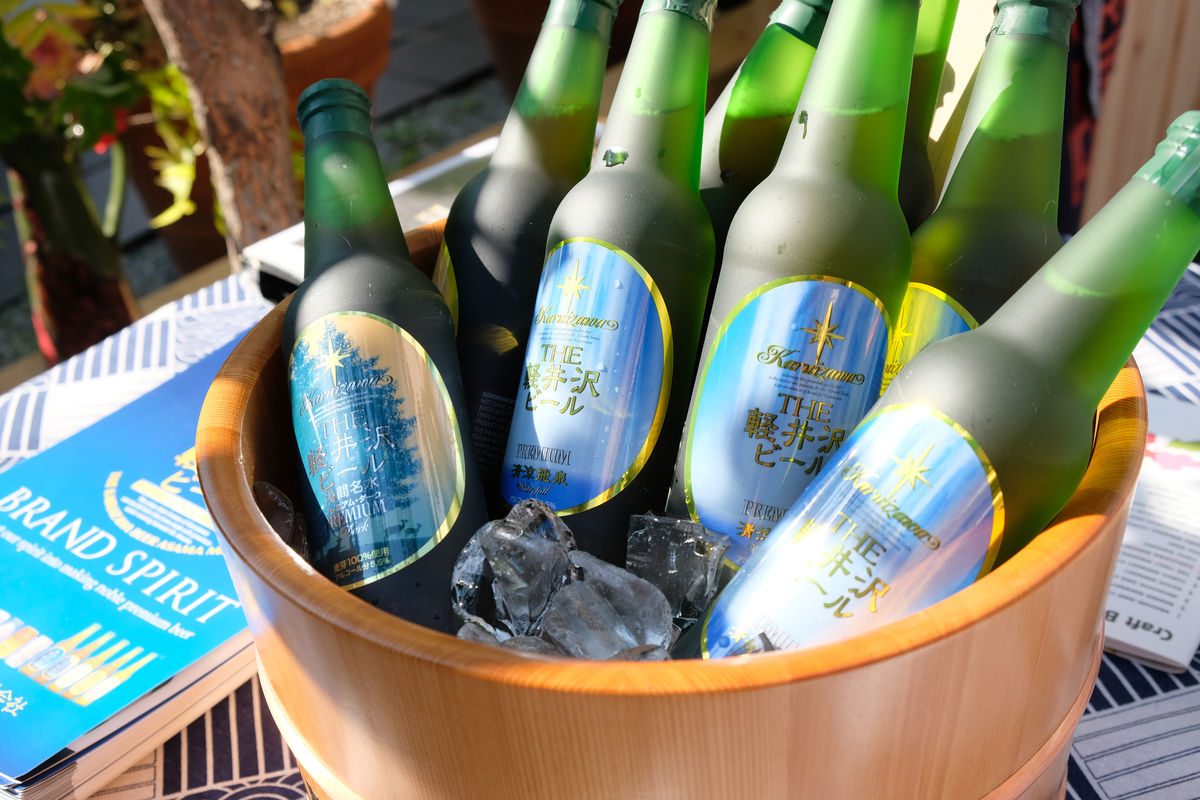 Karuizawa Brewery beer bottles chilling in an ice container